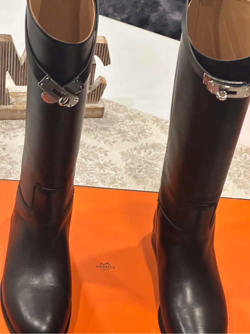 Black Leather Mid-Calf Riding Boots with Silver Hardware